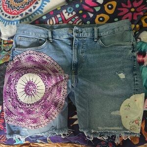 Embroidered Denim Shorts with Purple Crochet Detail